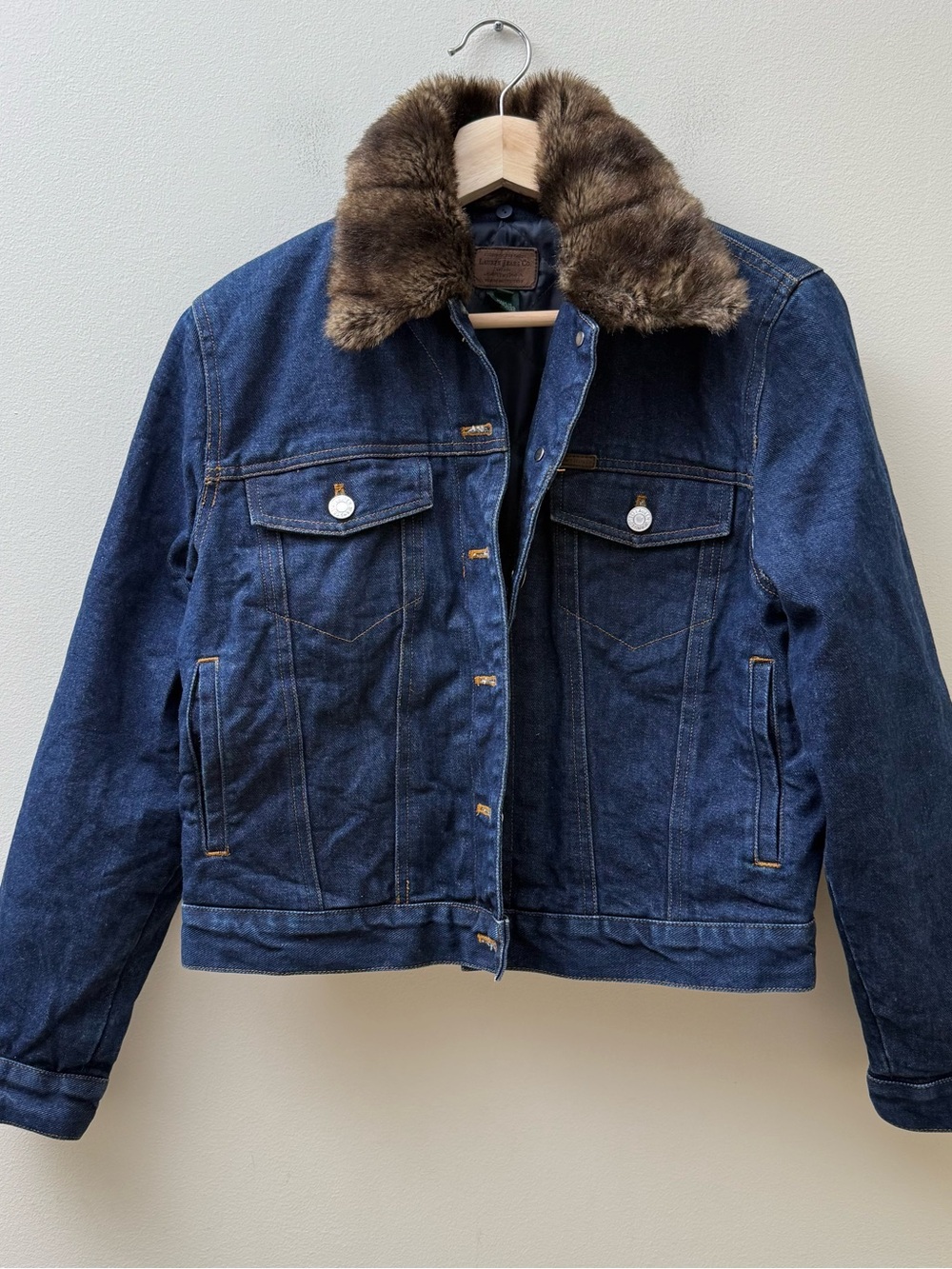 Vintage Ralph Lauren Dark Blue Denim Jacket with Brown Faux Fur Collar - Picture 1 of 12